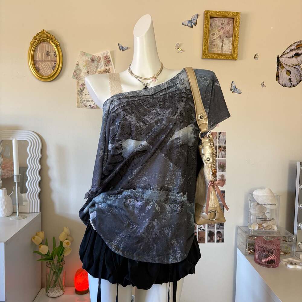 Rock & Republic Vintage Y2K Gray Eagle Glitter Top Oversize XL Slouchy Off Shoul